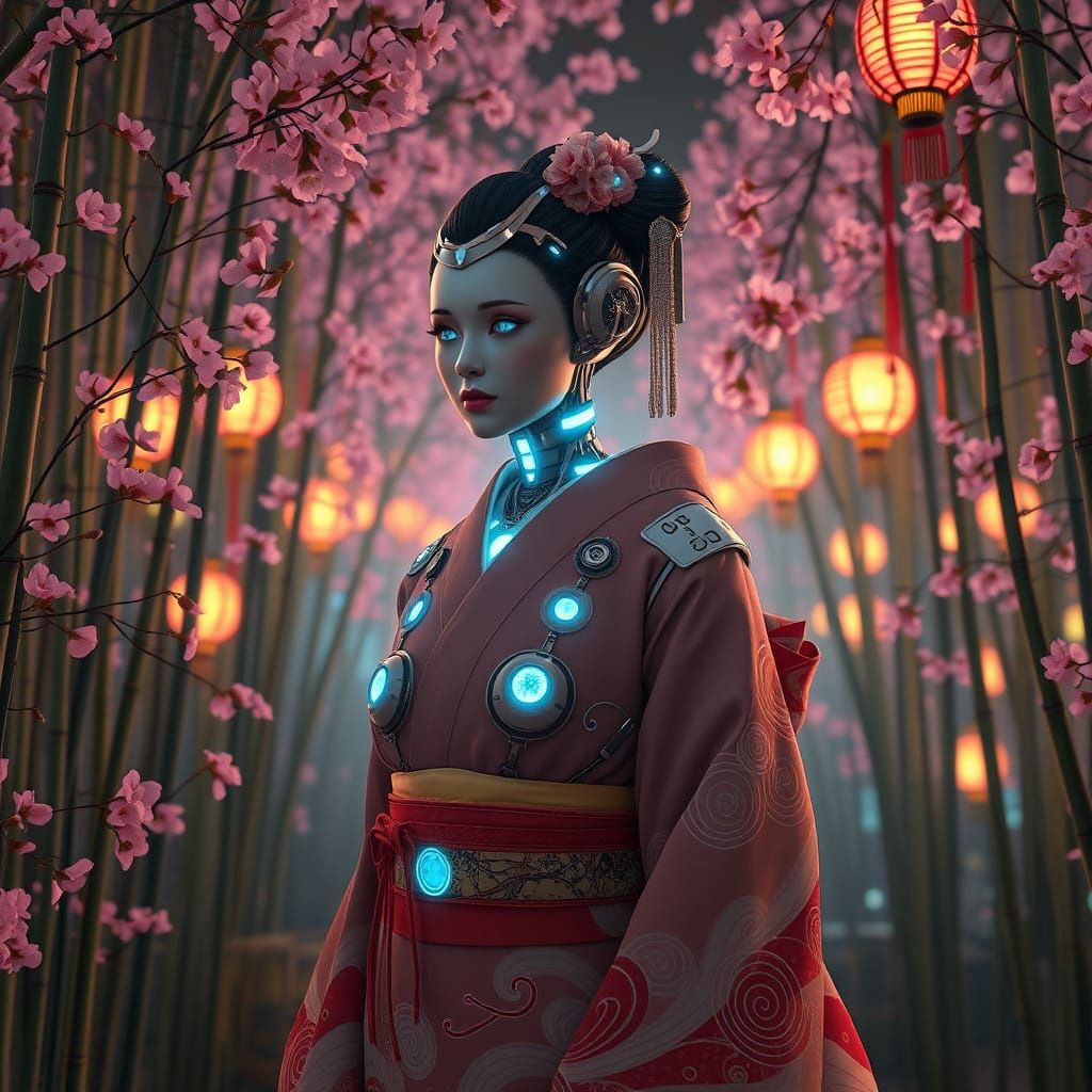 Android Geisha in Cyberpunk Bamboo Garden
