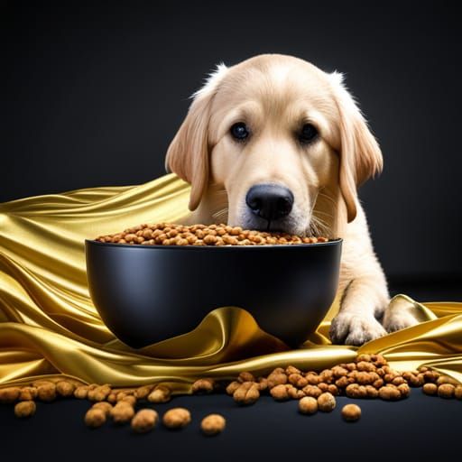 Golden Retriever and Dog Food in Dramatic Lighting