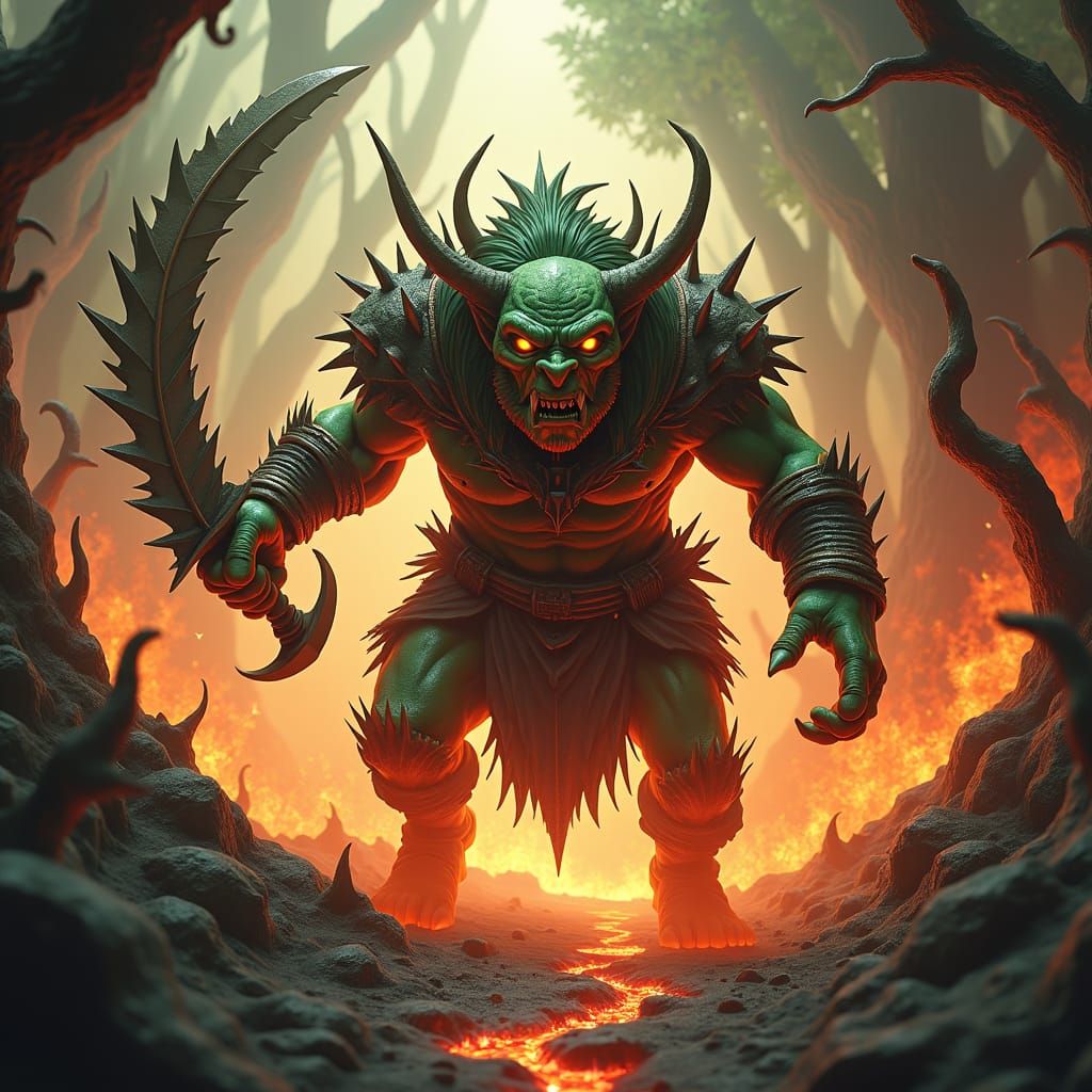 Ferocious Goblin Warrior in Fiery Forest