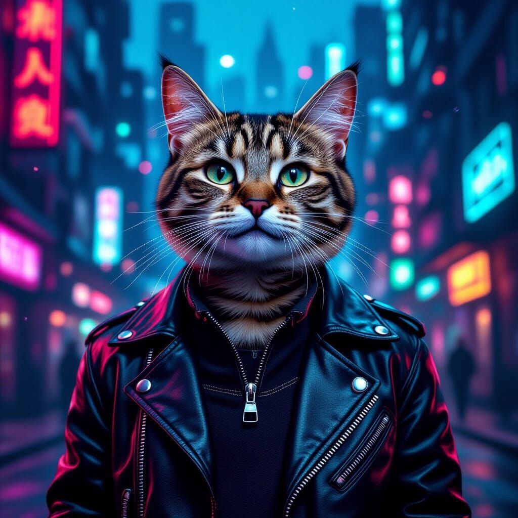 Cyberpunk Harry Potter Cat in Neon Cityscape