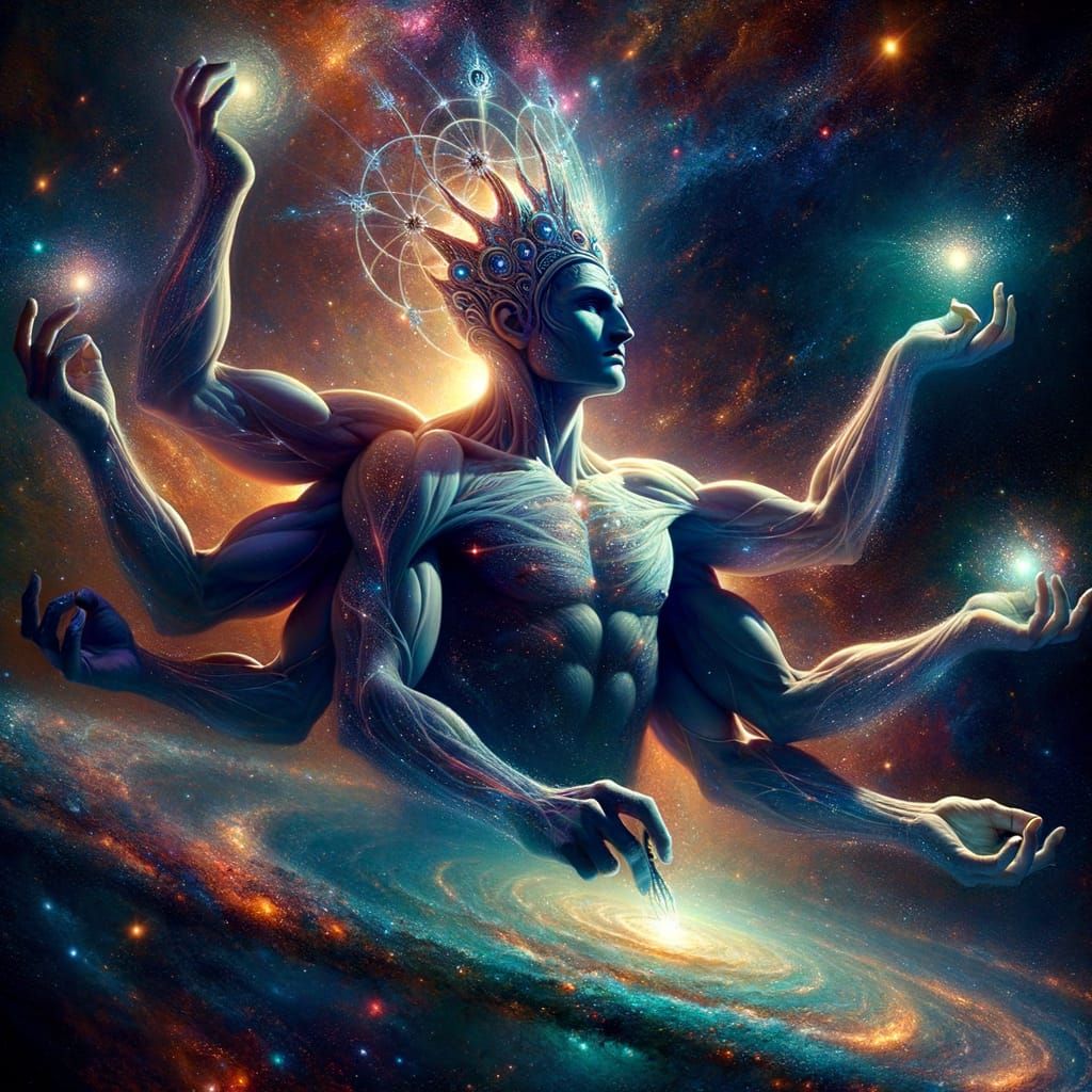 Celestial Deity Juggling Worlds in Cosmic Tapestry