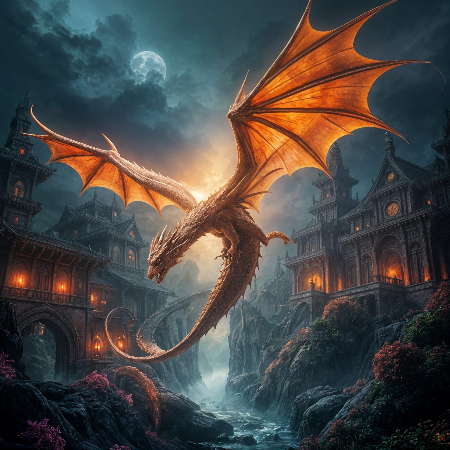 Majestic Dragon Illuminated in Dark Fantasy Realm
