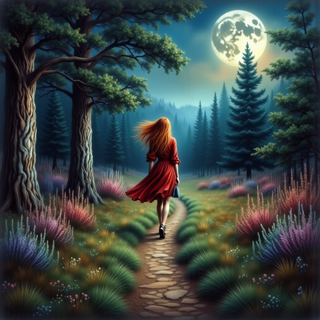 Red-Haired Woman in Enchanting Forest at Night
