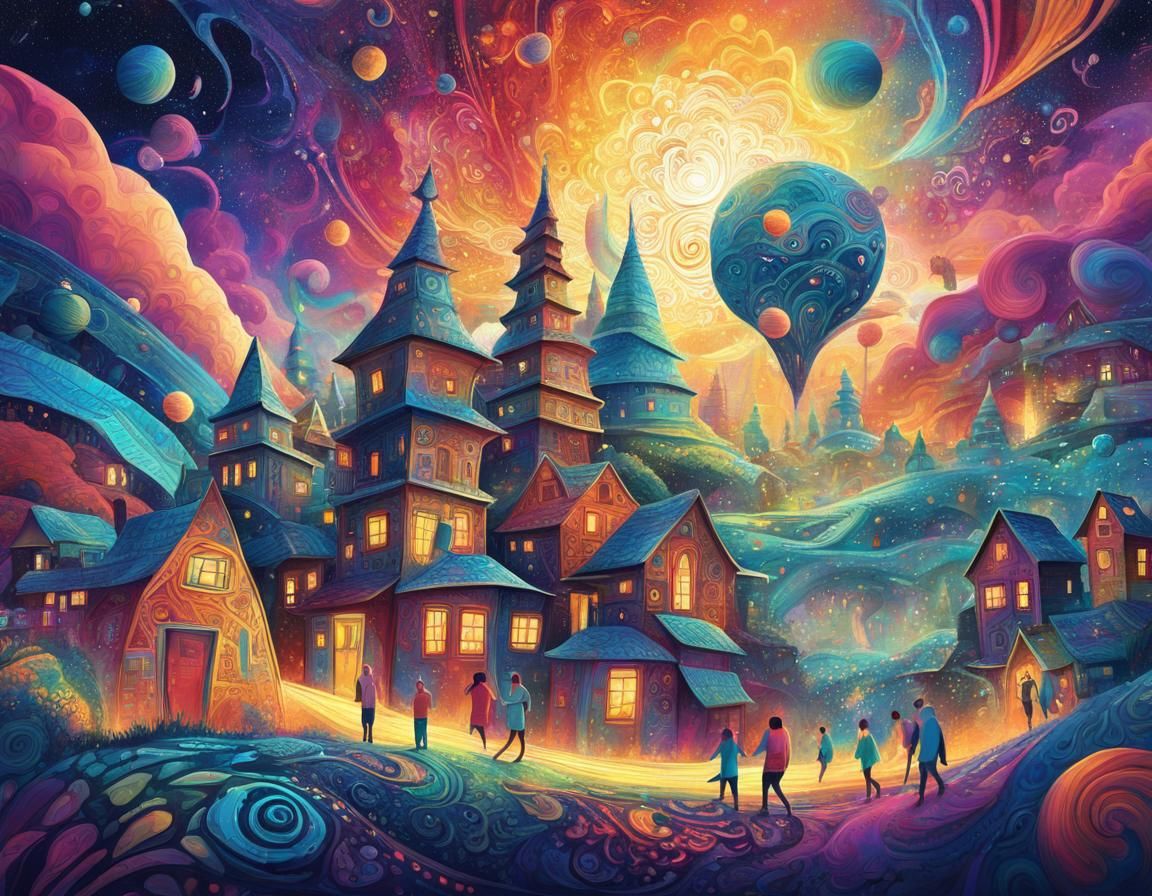 Futuristic Village Celebration in Cosmic Mixed Media Style