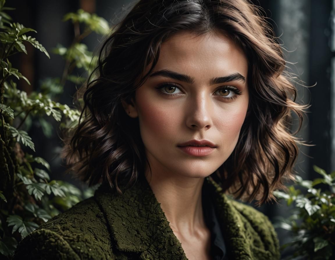 Elegant Portrait of Woman with Moss-Colored Eyes