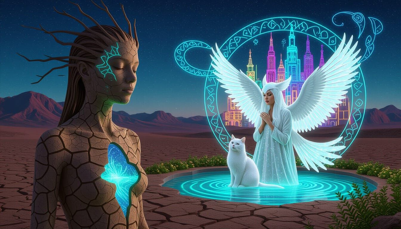 Figure of Parched Earth Revealing Bioluminescent Oasis