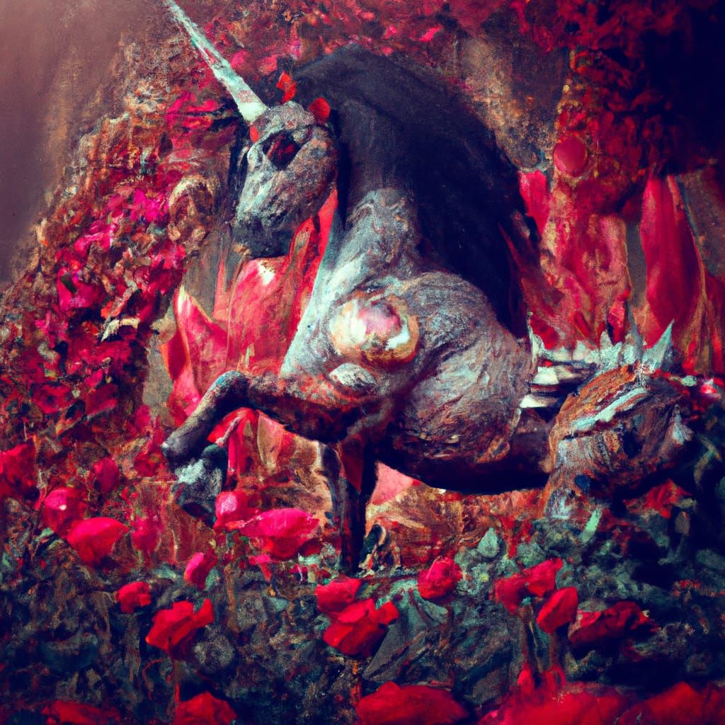 Magnificent Red Unicorn with Ruby Horn in Rose Field
