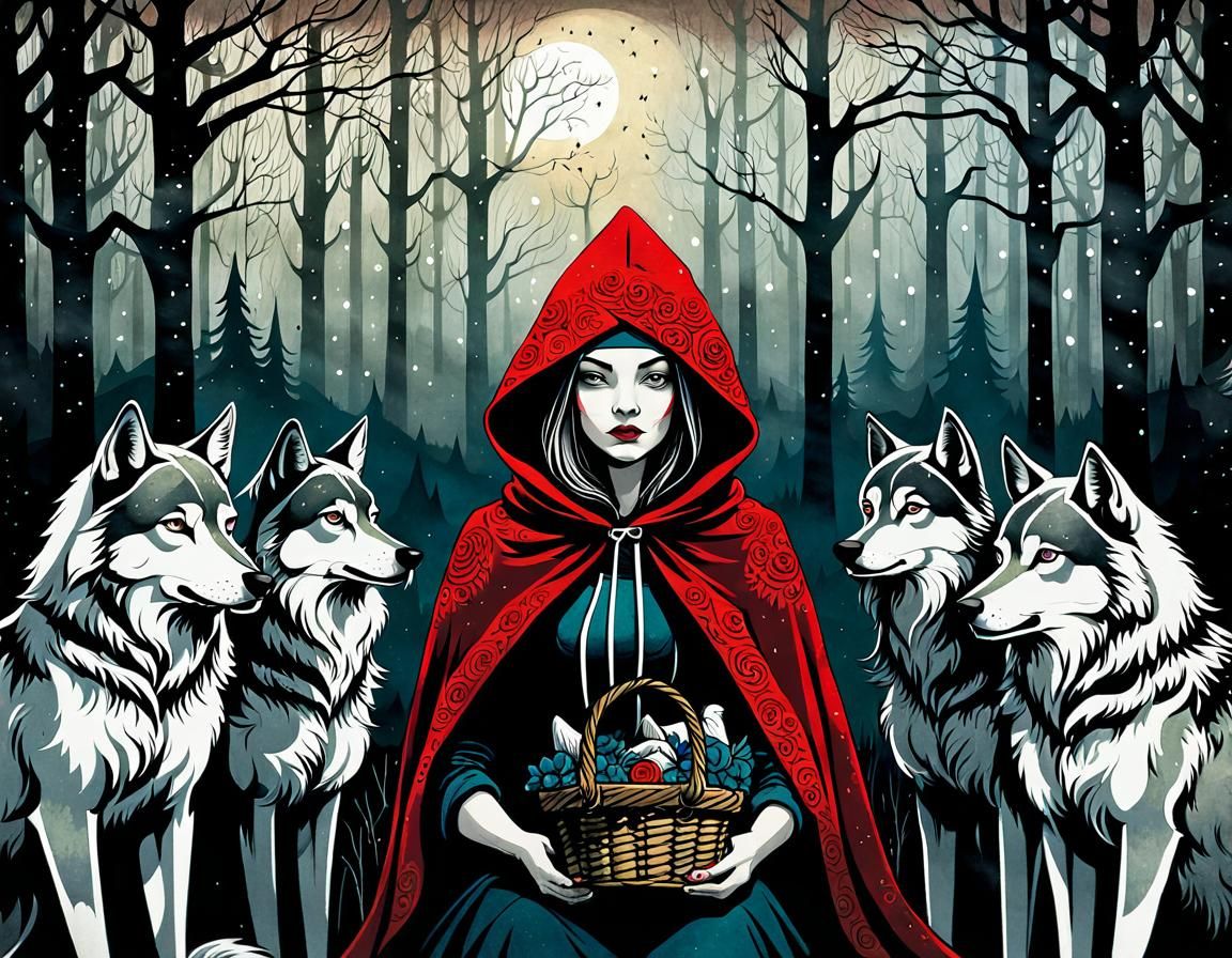 Red Riding Hood with Wolves in Macabre Style