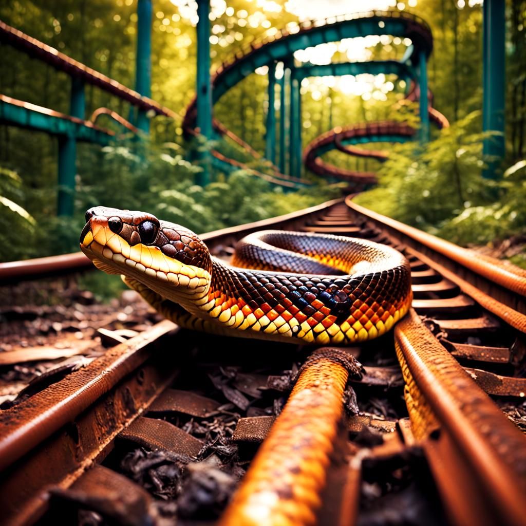 Snake Coils on Abandoned Rollercoaster: Wildlife Photography