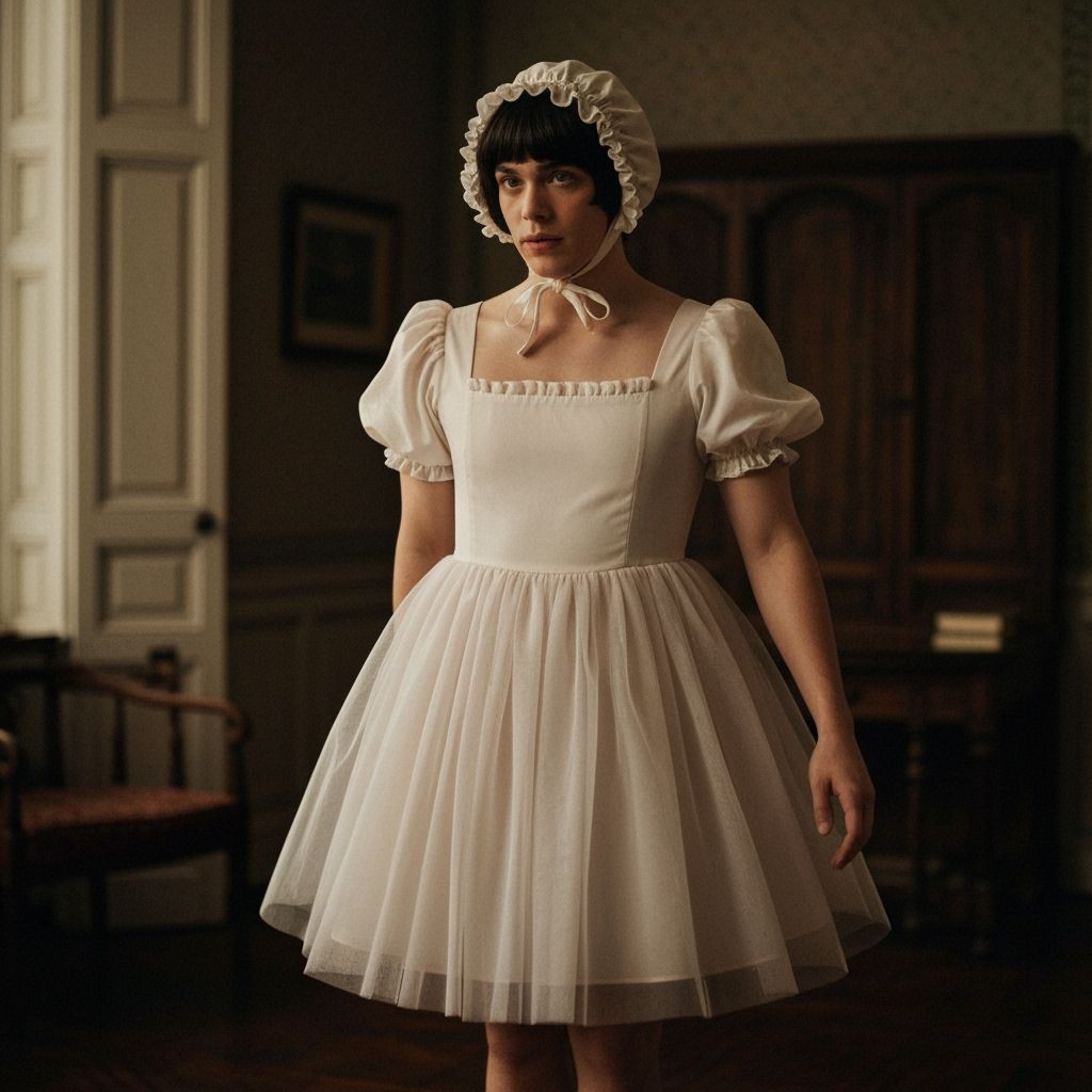 Crossdressing Young Man in Vintage Tulle Dress and Bonnet