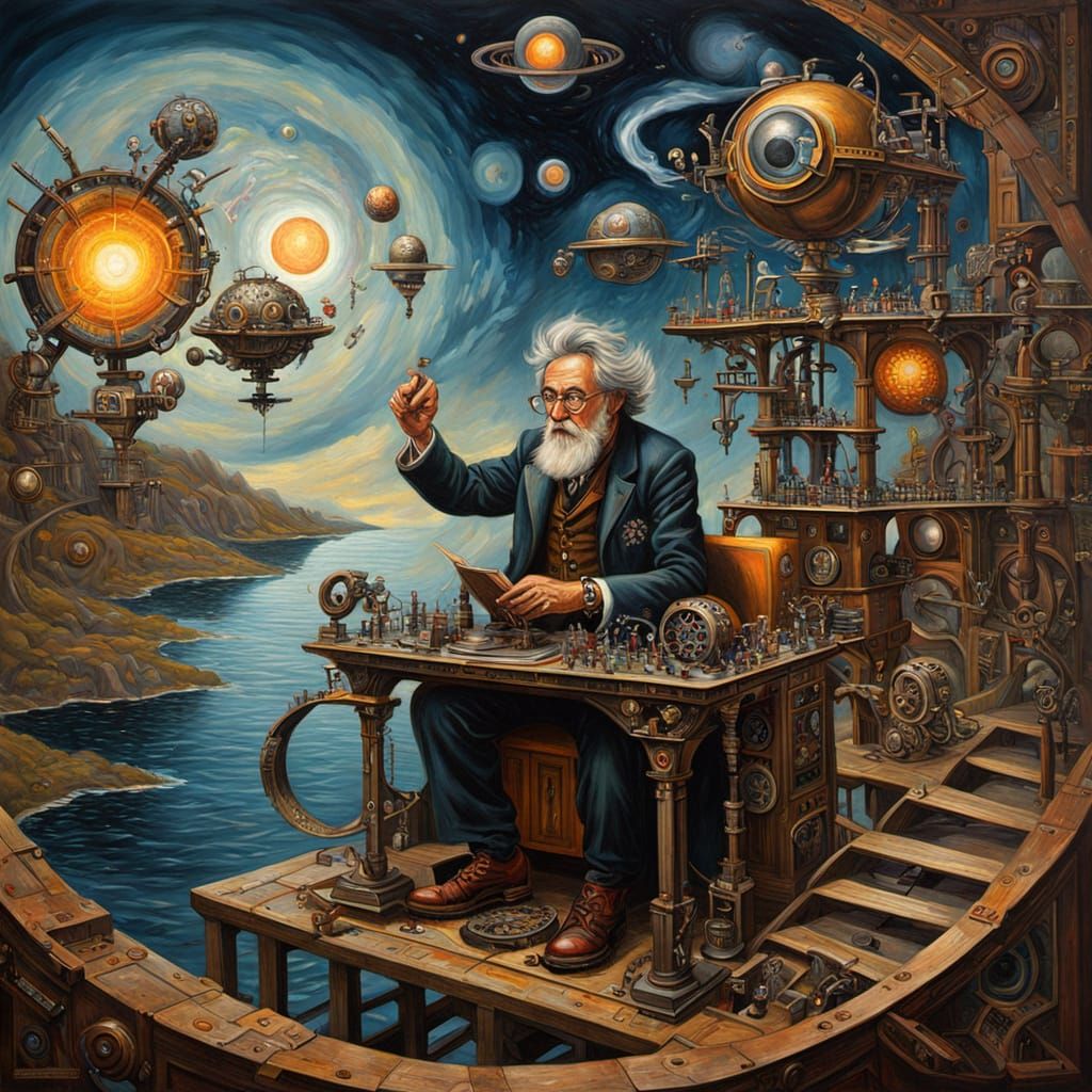 Steampunk Sorcerer Unleashes Celestial Chaos in Oil Painting