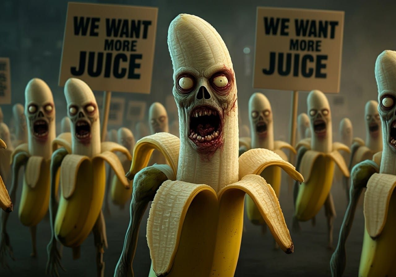 A Halloween  protest march by screaming                      
Smoothy-Banana zombies.     "WE WANT MORE JUICE"