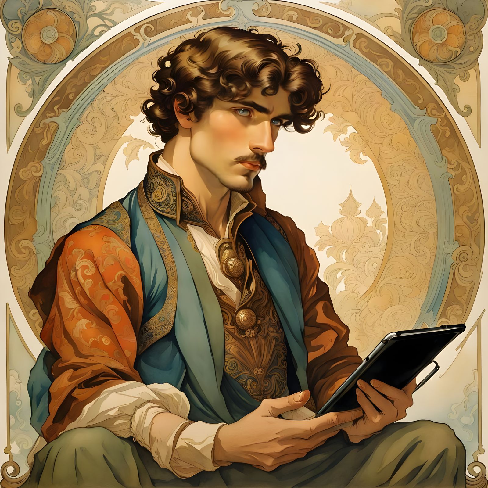 Elegant Man with iPad in Art Nouveau Style