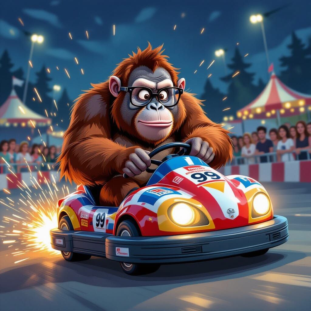 Orangutan Bumper Car Driver in Expressionist Style