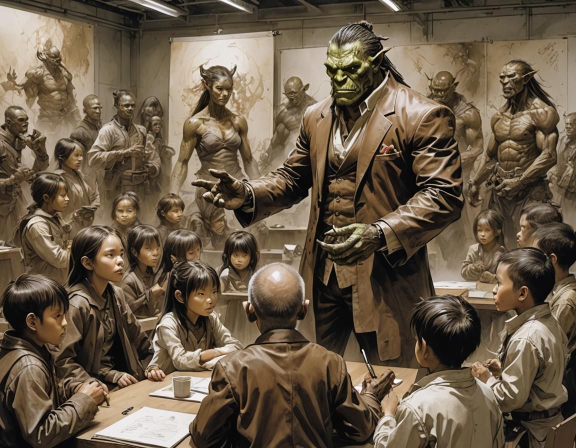 Orc Schoolmaster Teaching Fantasy Children, Airbrush Art