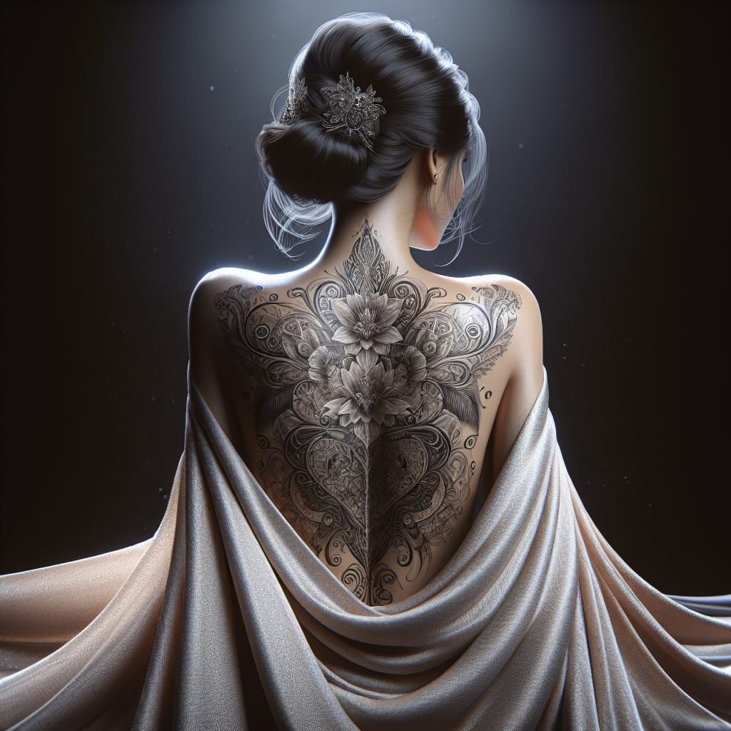 Woman with Intricate Back Tattoo in Noir Style