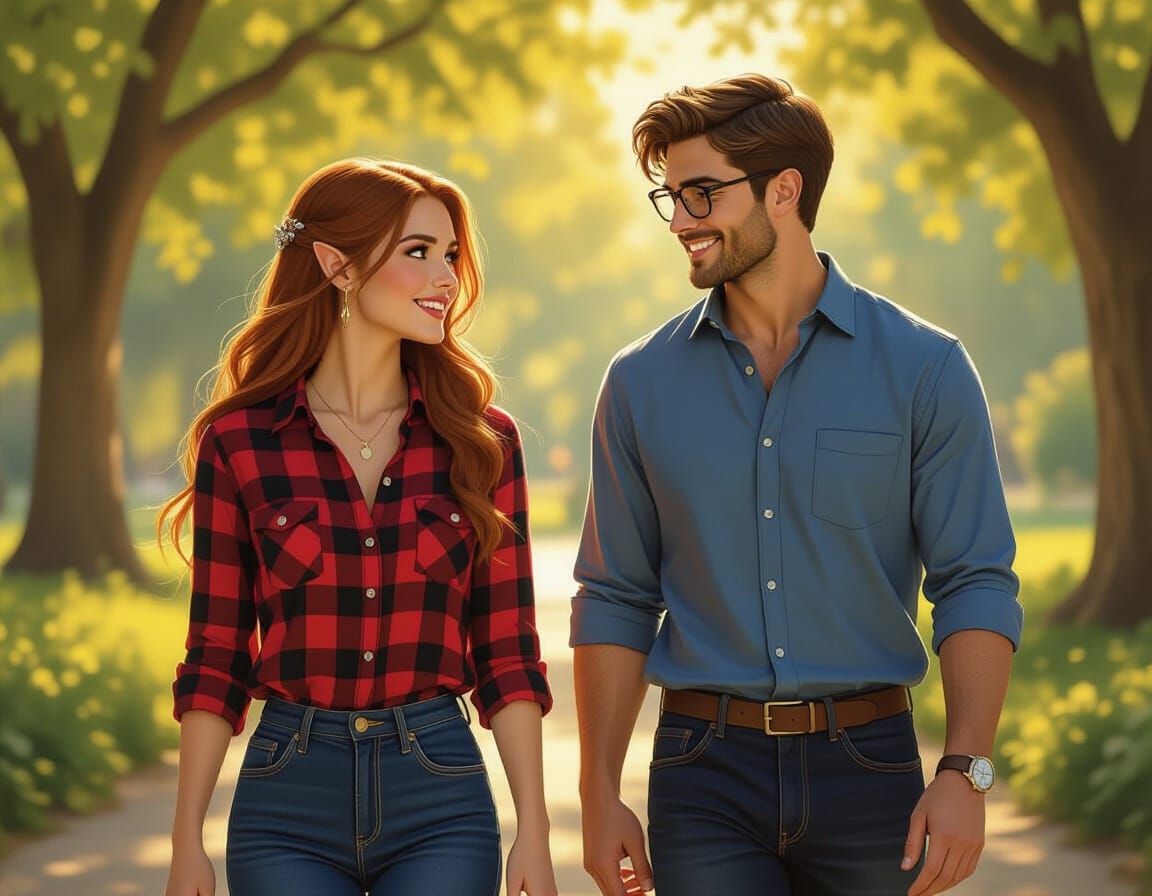 Elf Woman and Man Converse in Sun-Dappled Park in Michelange...