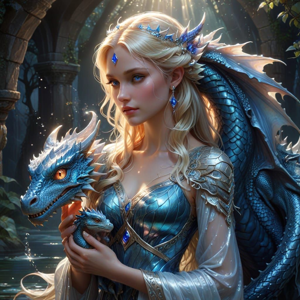 Princess Holding Baby Dragon with Glowing Sapphire Eyes