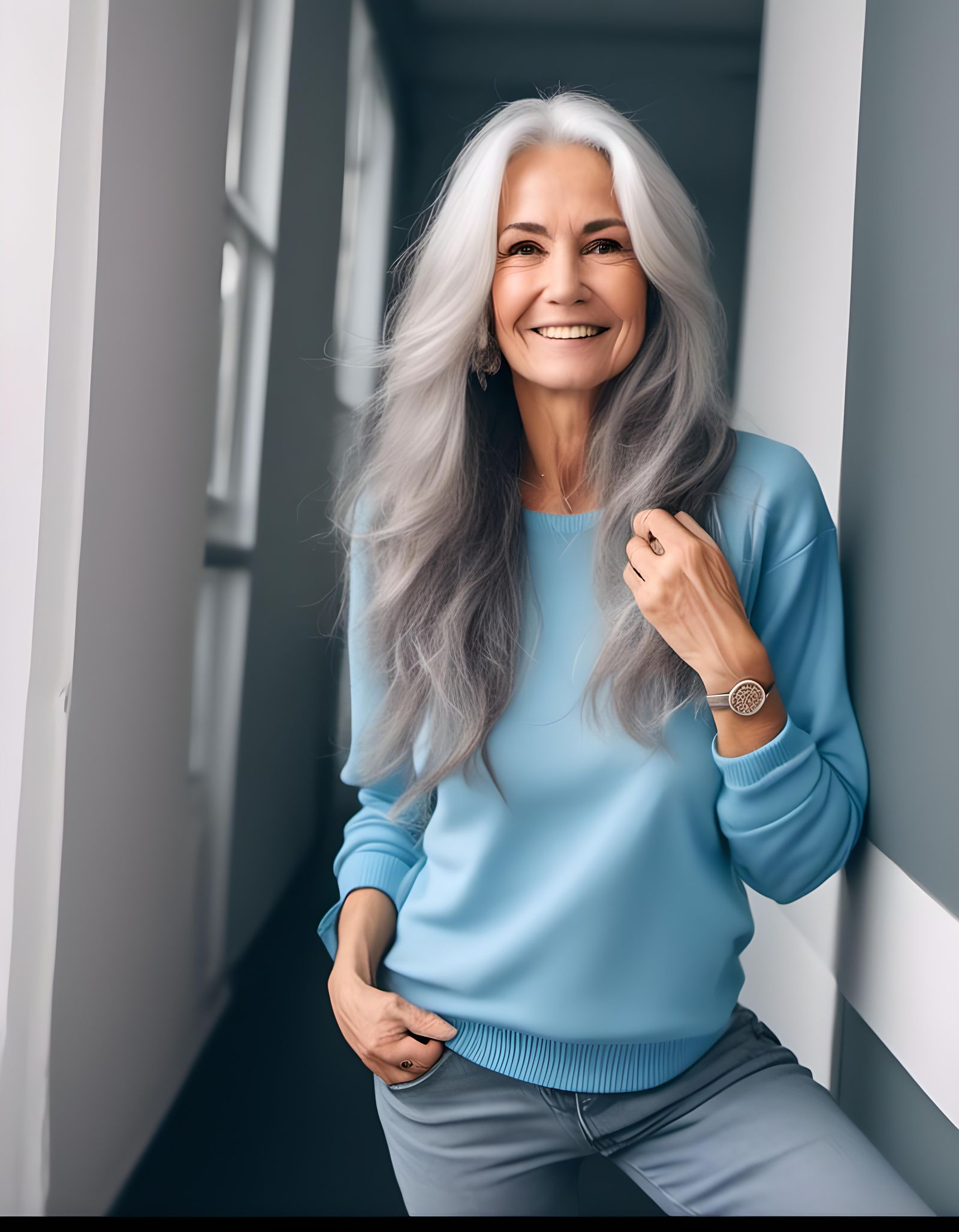 Attractive Woman in 70s Style Blue Jeans Smiling