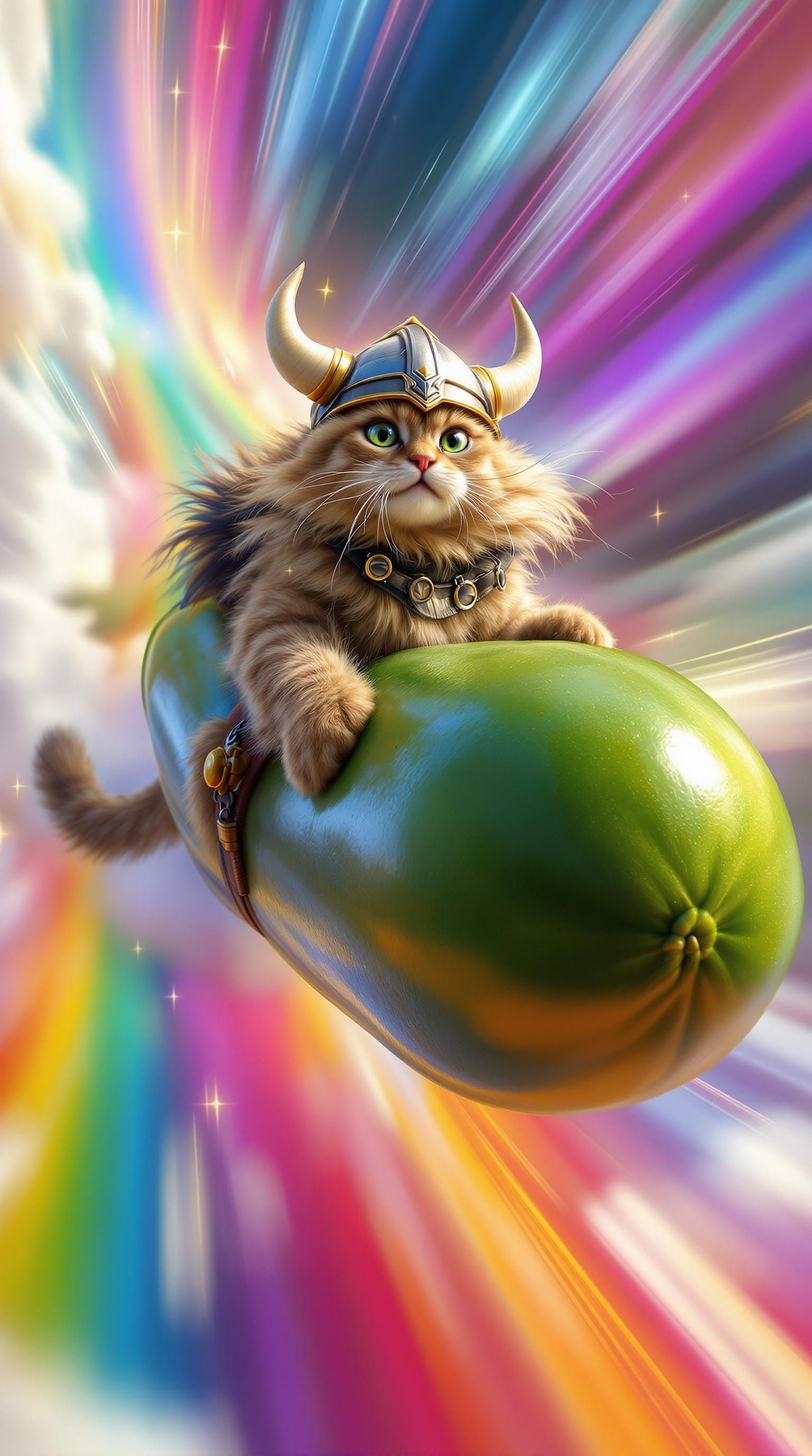 Majestic Cat Rides Pickle Down Rainbow in Cyberpunk Action