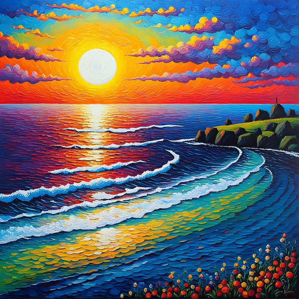 Seals at Sunset: Neo-Impressionist Oil Painting