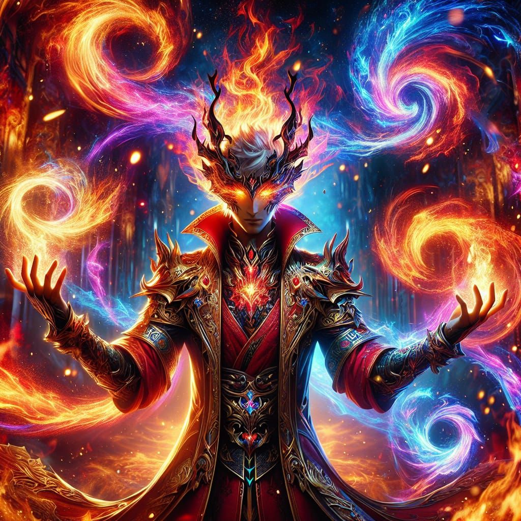 Fire Mage Conjuring Illusions in a Magical Realm