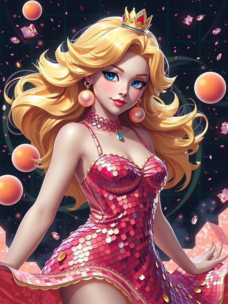 Princess Peach in Sequined Dress: Digital Illustration