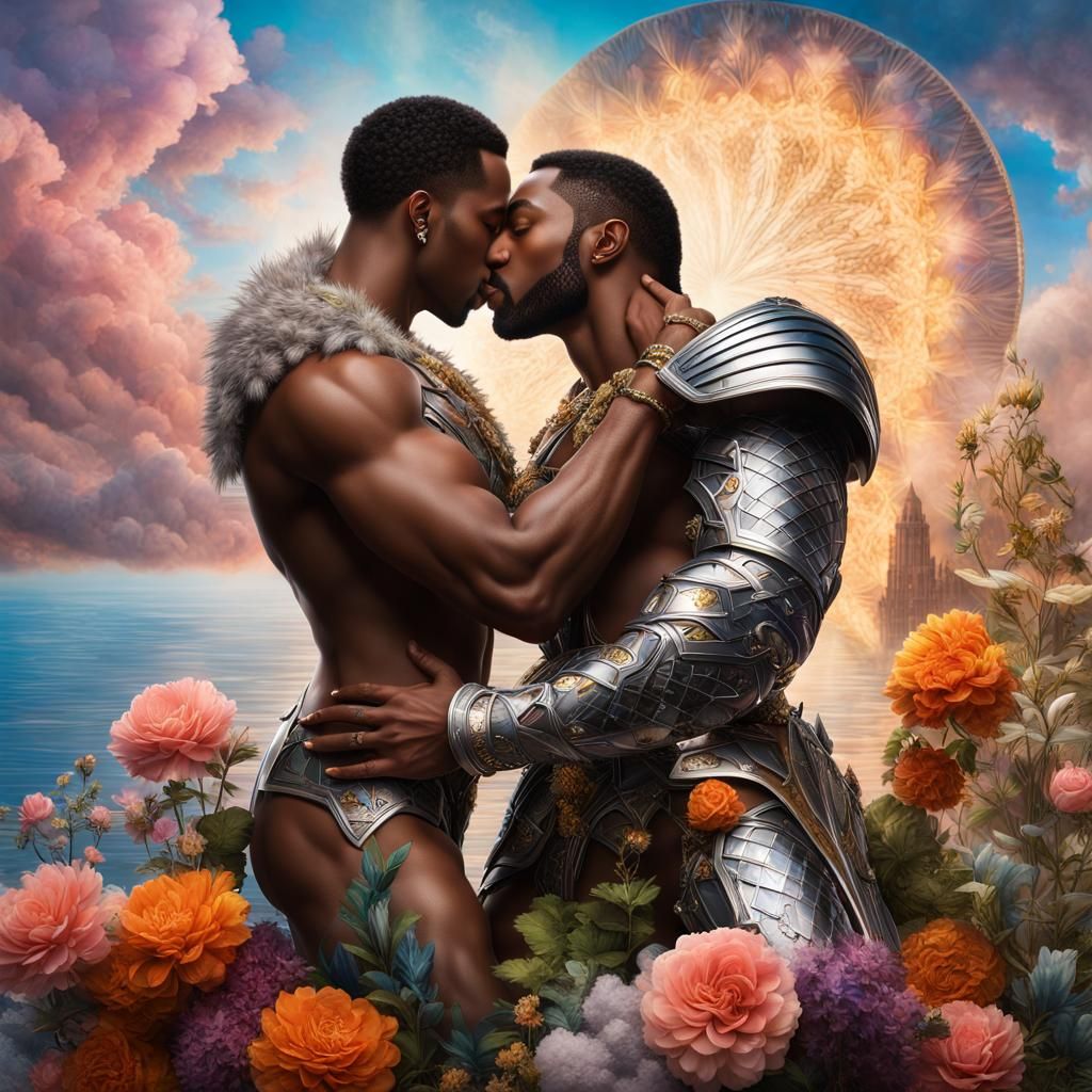 Hyperreal Kiss: Muscular Men in Fantasy Hall