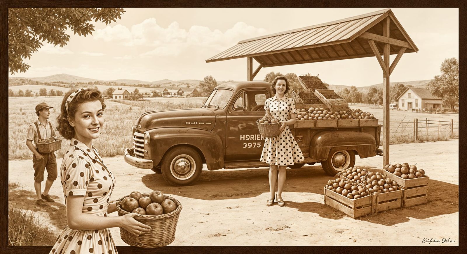 1950s Farmstand Scene with Vintage Truck and Apples