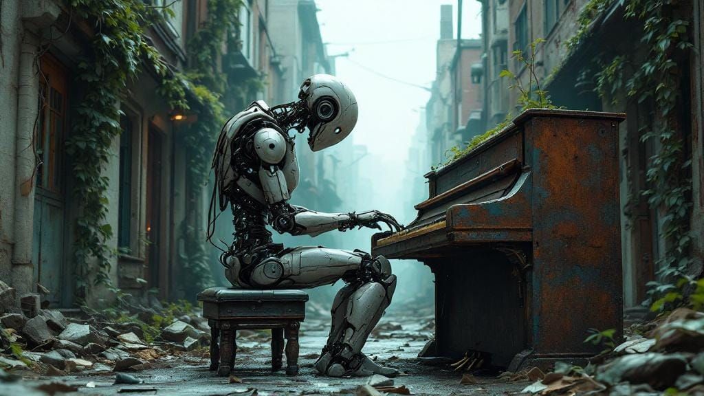Robot's Melancholy Performance in Post-Apocalyptic Alley
