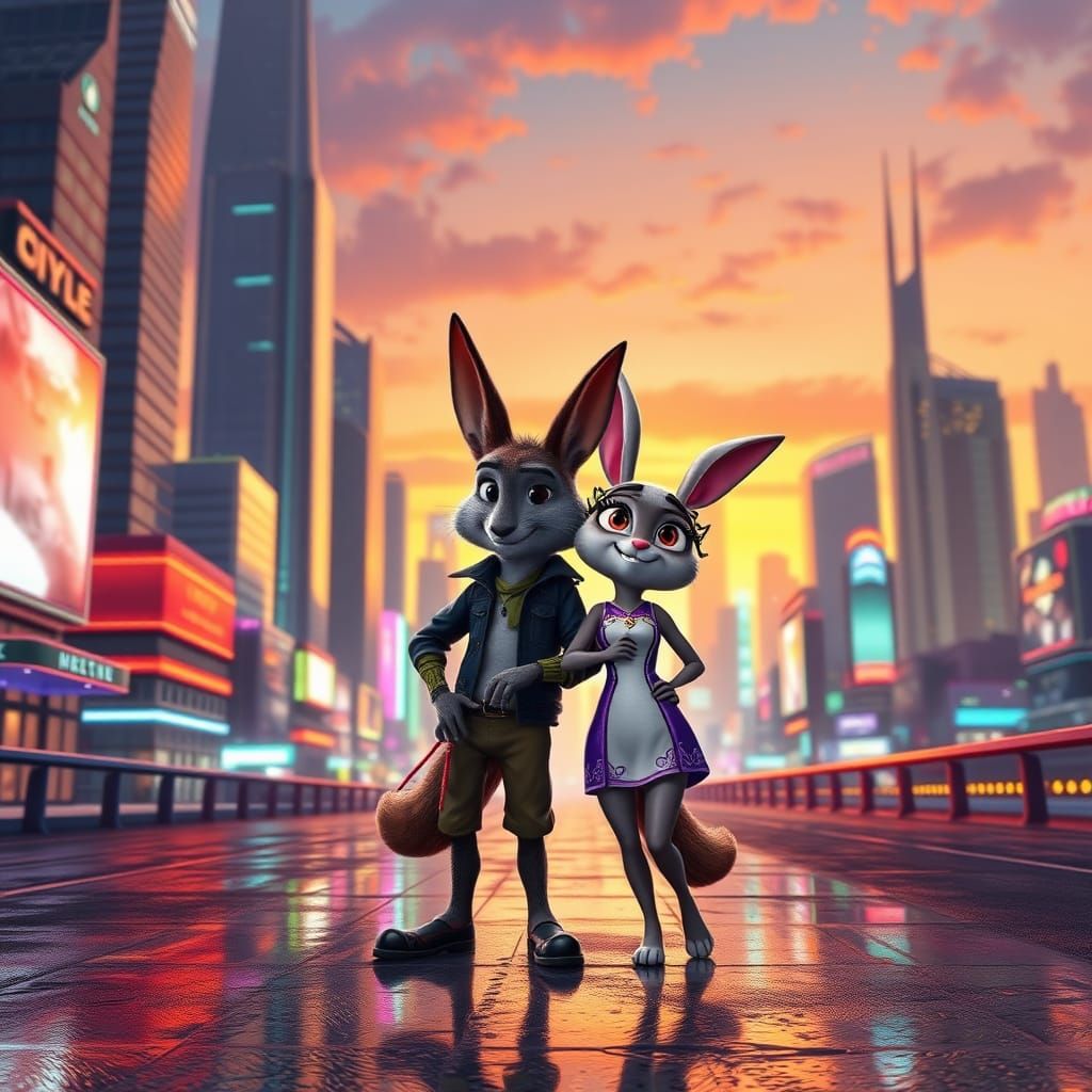 Anime-Style Nick and Judy in Futuristic Cityscape