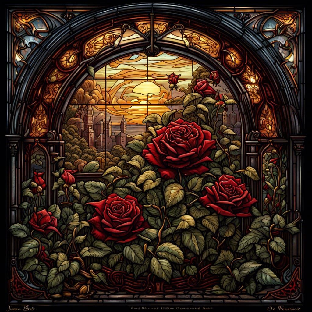 High Gothic Piano in Rose Garden, Comic Book Art