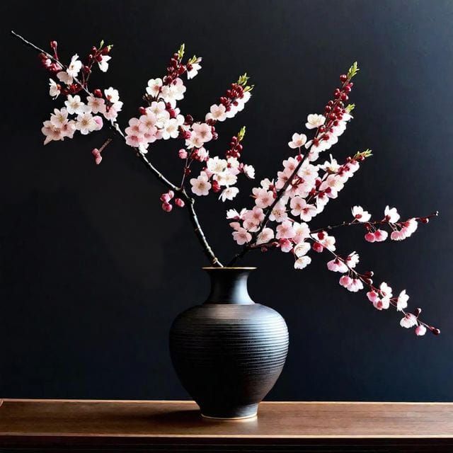 Ikebana Flower Arrangement with Cherry Blossoms