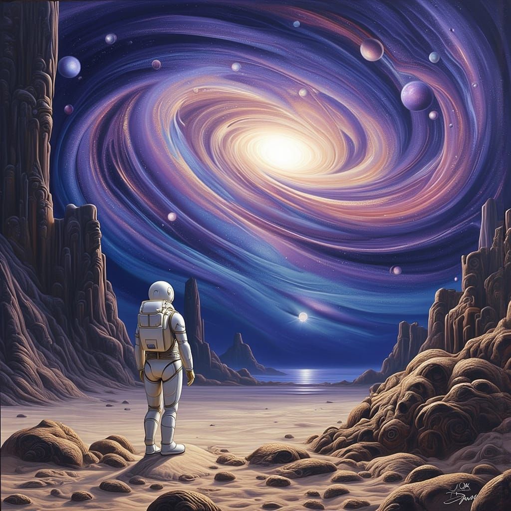 Astronaut Gazes at Nebula on Alien Planet