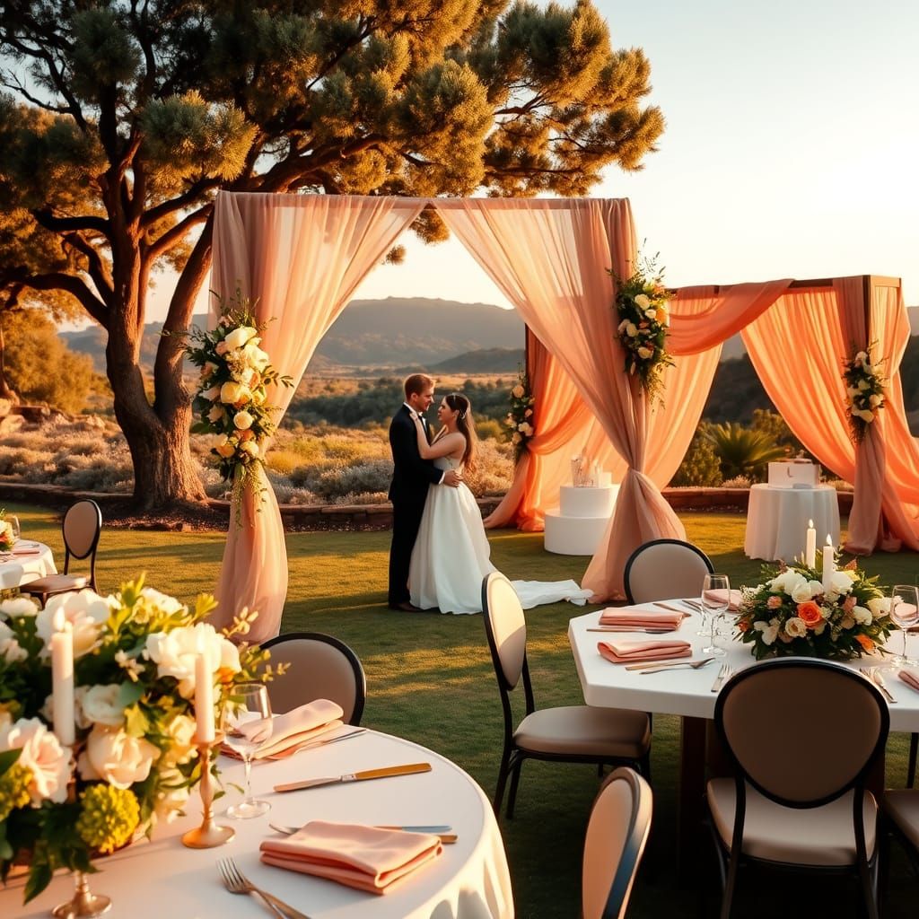 Elegant Outdoor Wedding Scene in Soft Peach and Gold