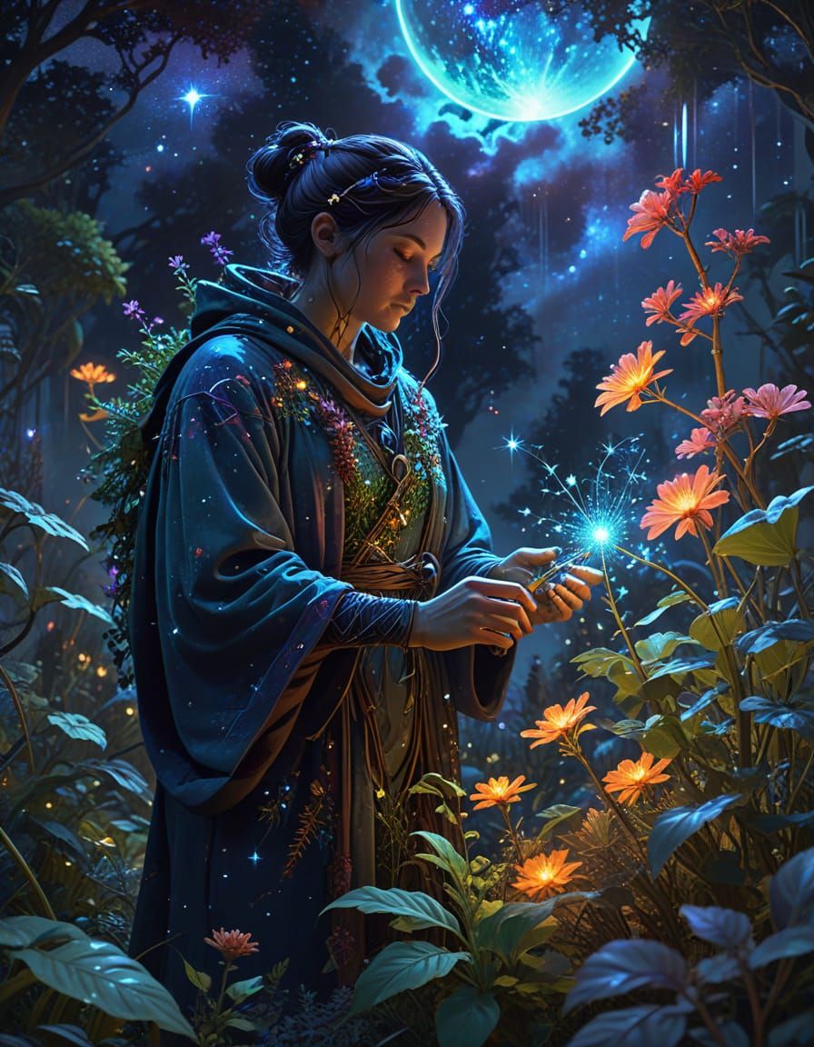 Cosmic Herbalist Tending Starlight Plants in Nebula Garden