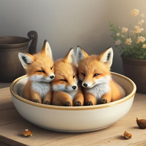 Bowl of Adorable Fox Cubs in Golden Light