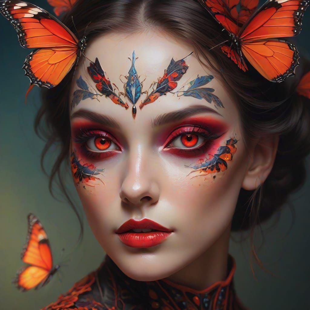 Hyperrealistic Vampire Goddess with Intricate Butterfly Make...