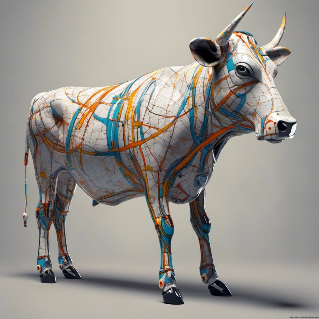 <lora:Maps:1.0> 3d model of Robotic cow with roadmap paint, intricate map details , insanely detailed digital render