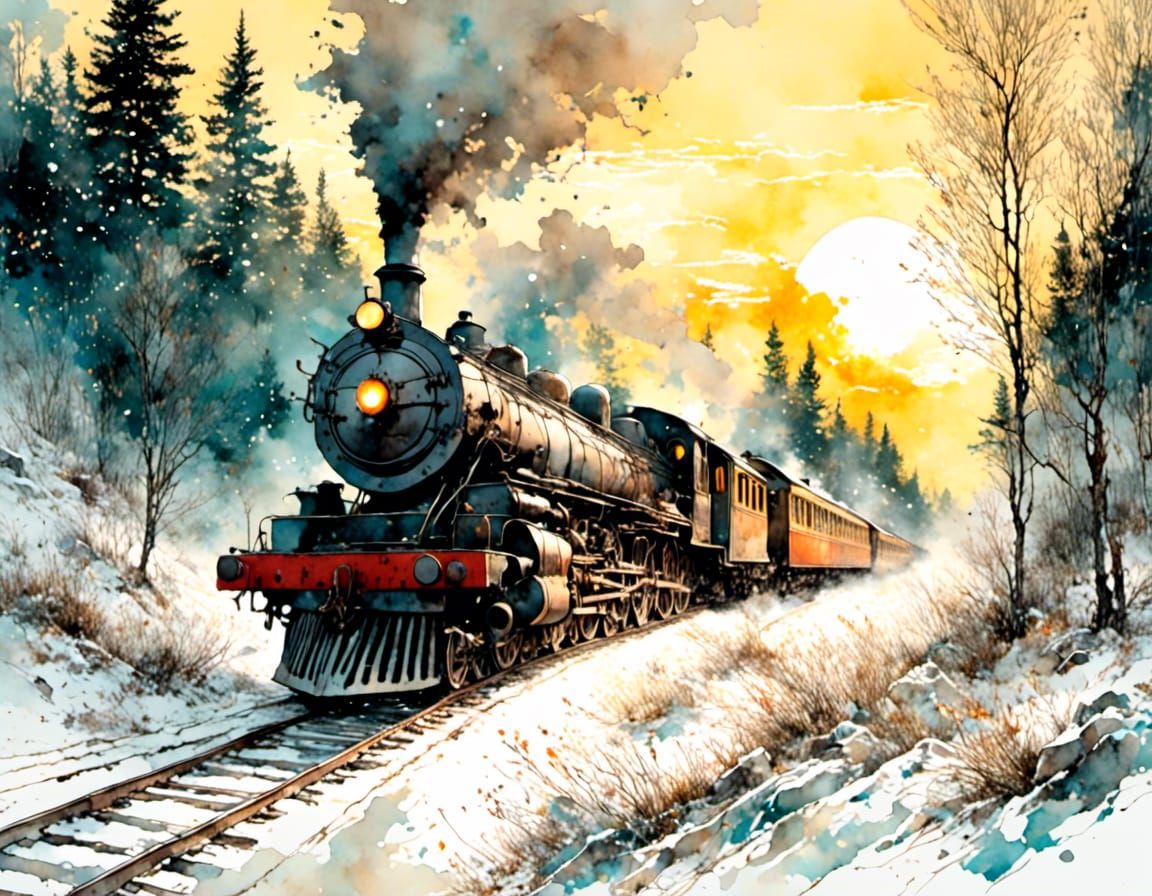 Steam Train Through Snowy Forest at Sunrise