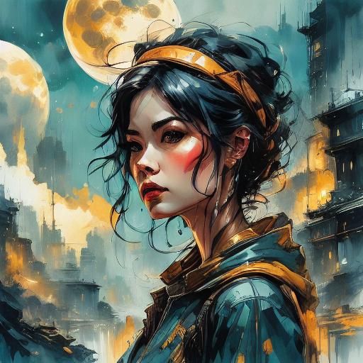 Female Cyborg Stares into Future, Painterly Sci-Fi