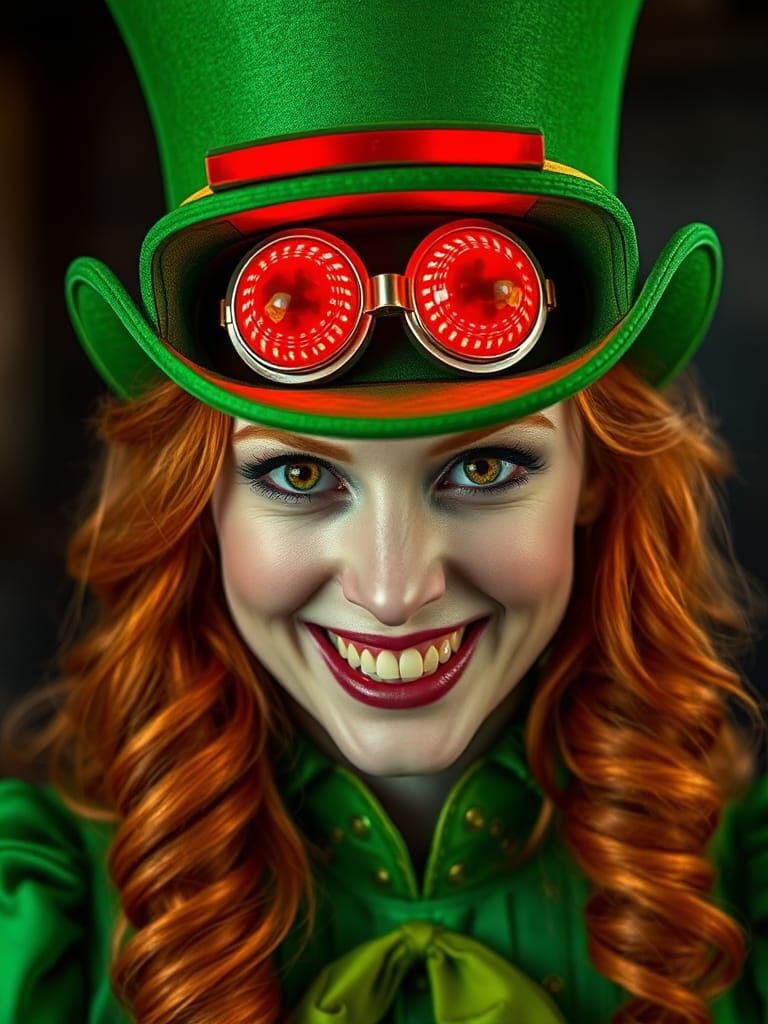 Ginger Woman with Glowing Eyes in Green Hat