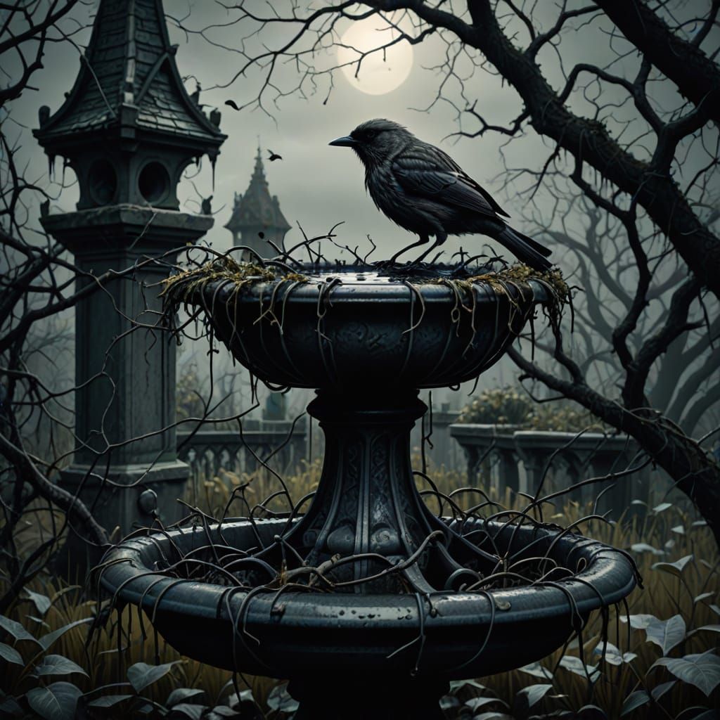 Dark Fantasy Bird Entangled in Thorny Garden