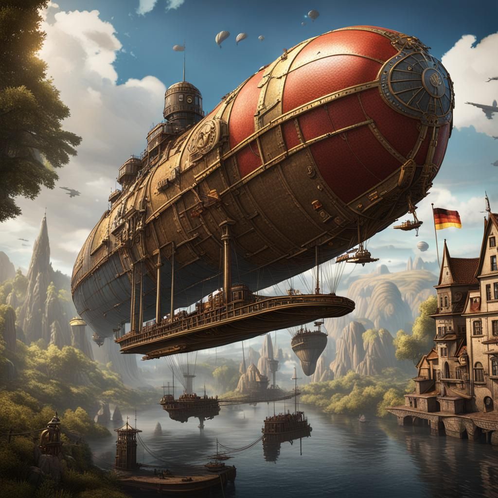 Steampunk Zeppelin Expedition in Germany: Detailed Matte Pai...