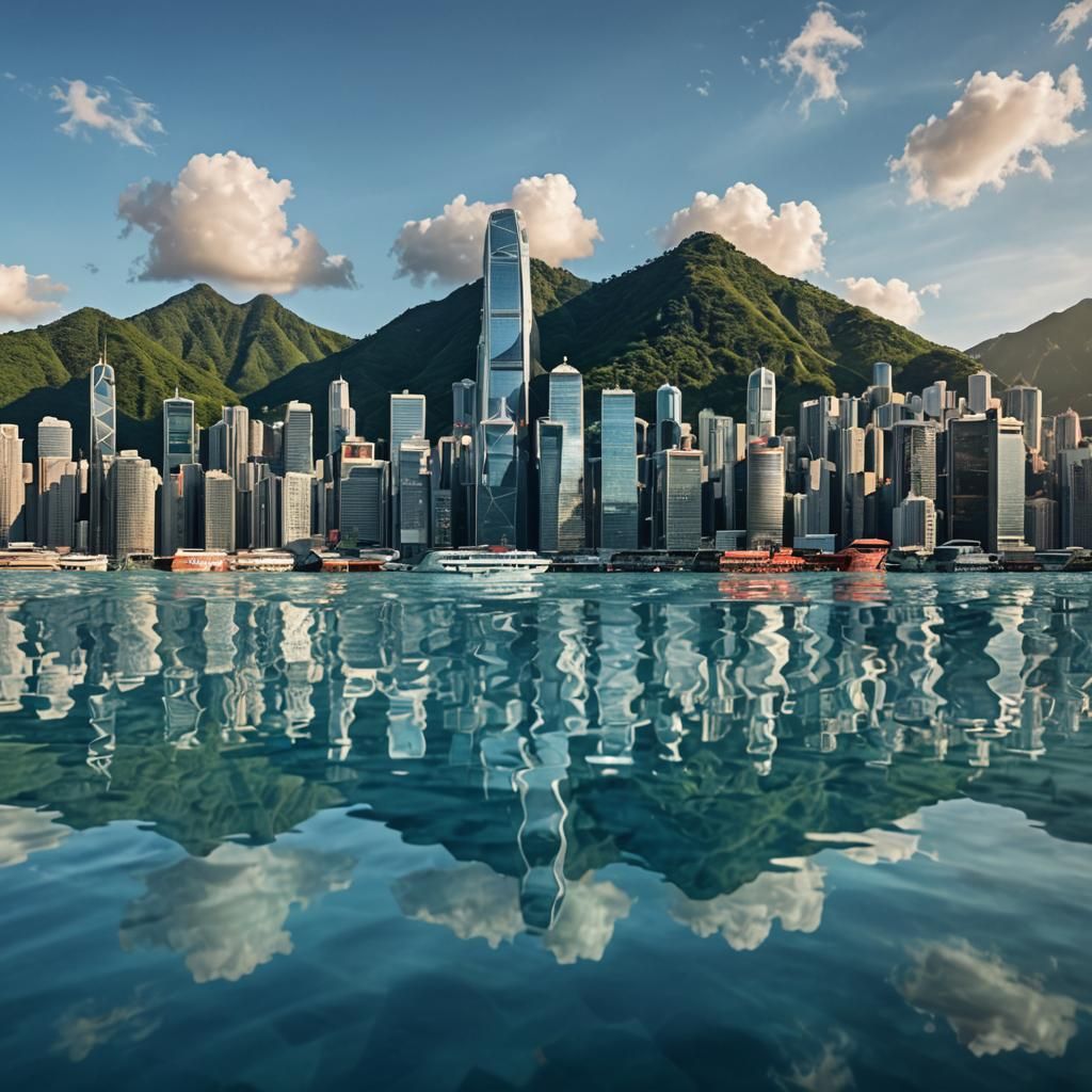 Hong Kong Skyline Reflected: A Hyperrealistic Double Exposur...