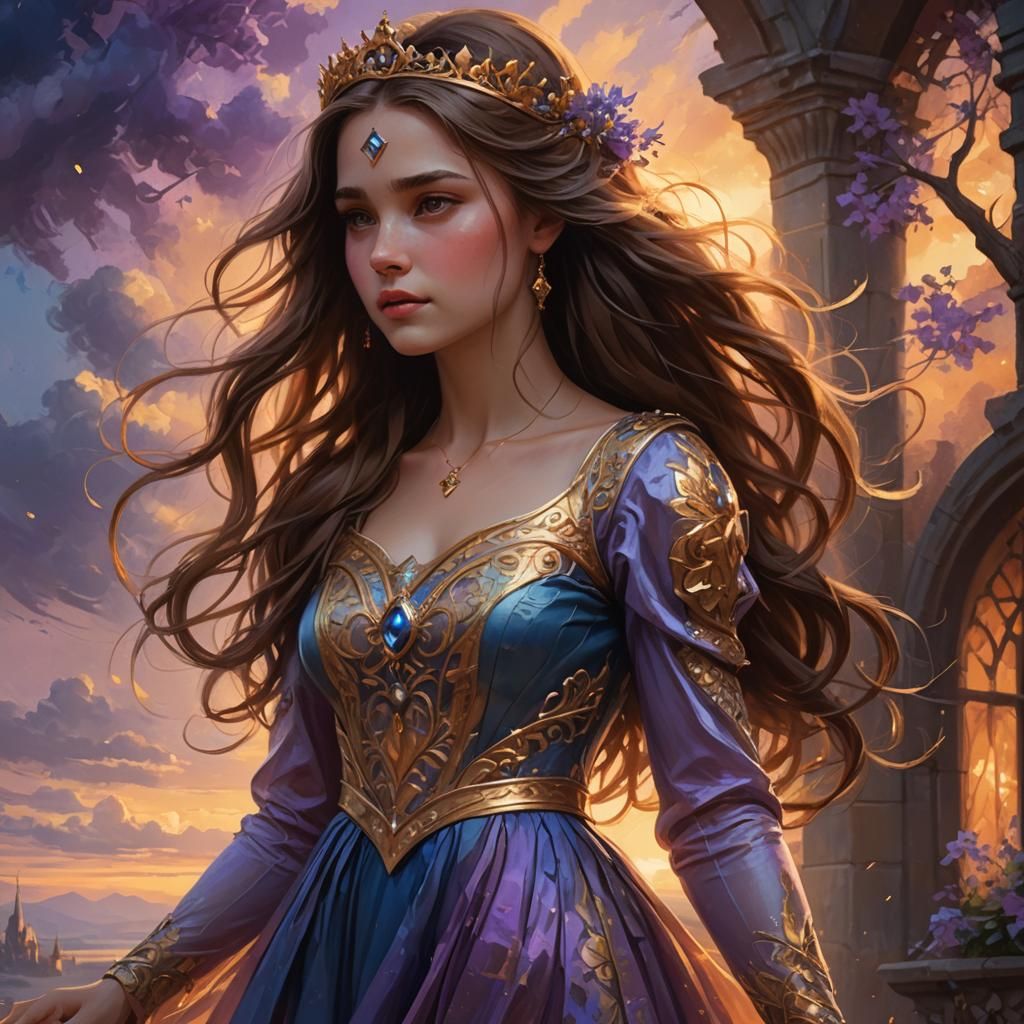 Fantasy Princess in Sunset, Digital Oil Painting