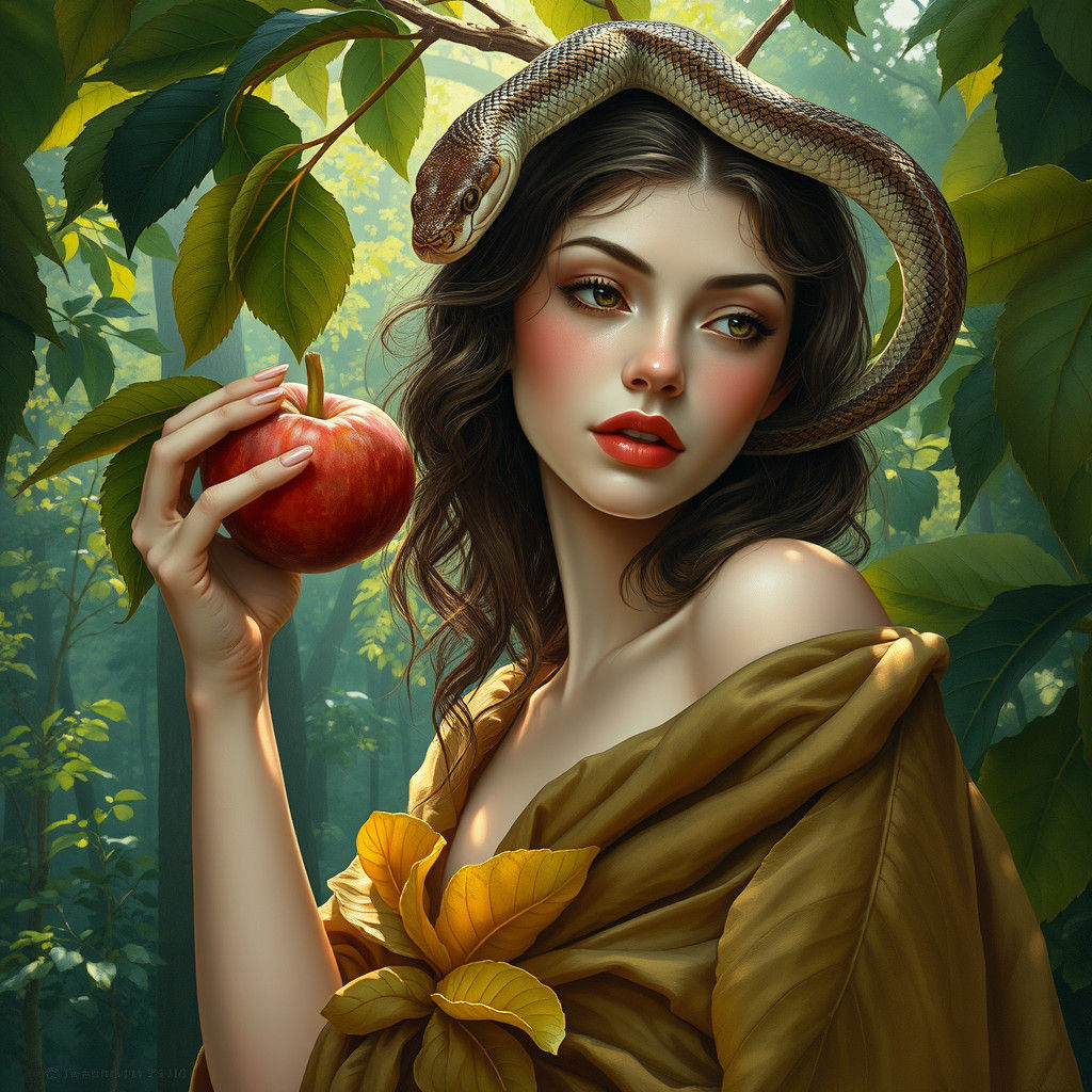 Ethereal Woman in Forest Reaching for Apple