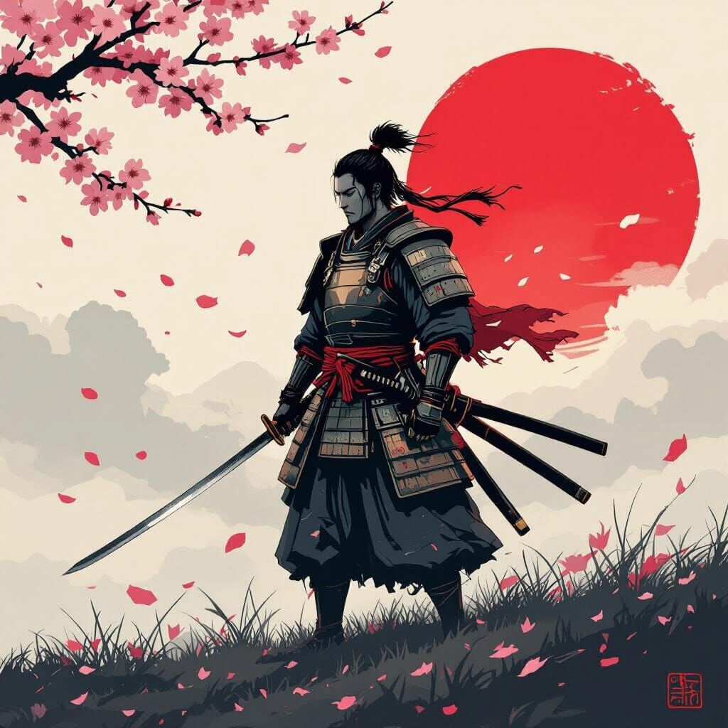 Lone Samurai on Cherry Blossom Battlefield at Sunset