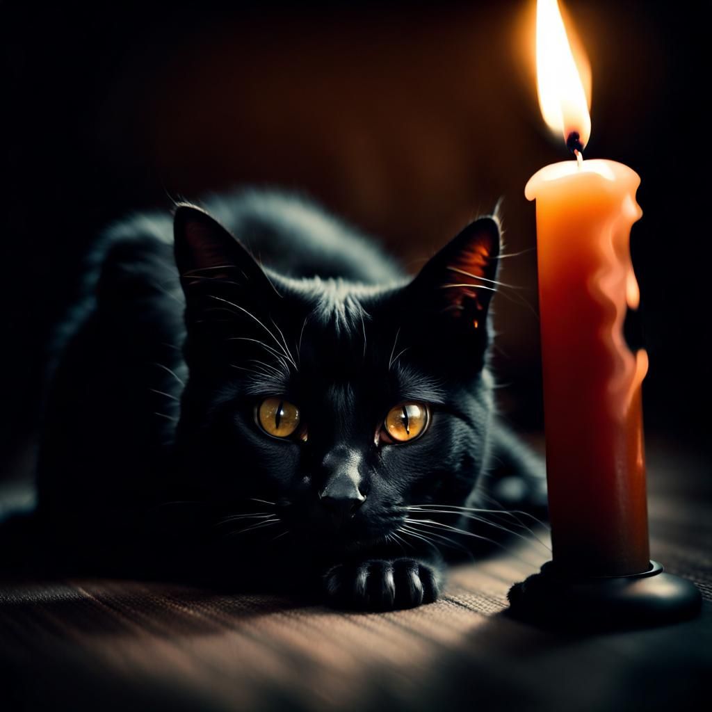 Cute Black Cat and Candle in Warm Tones