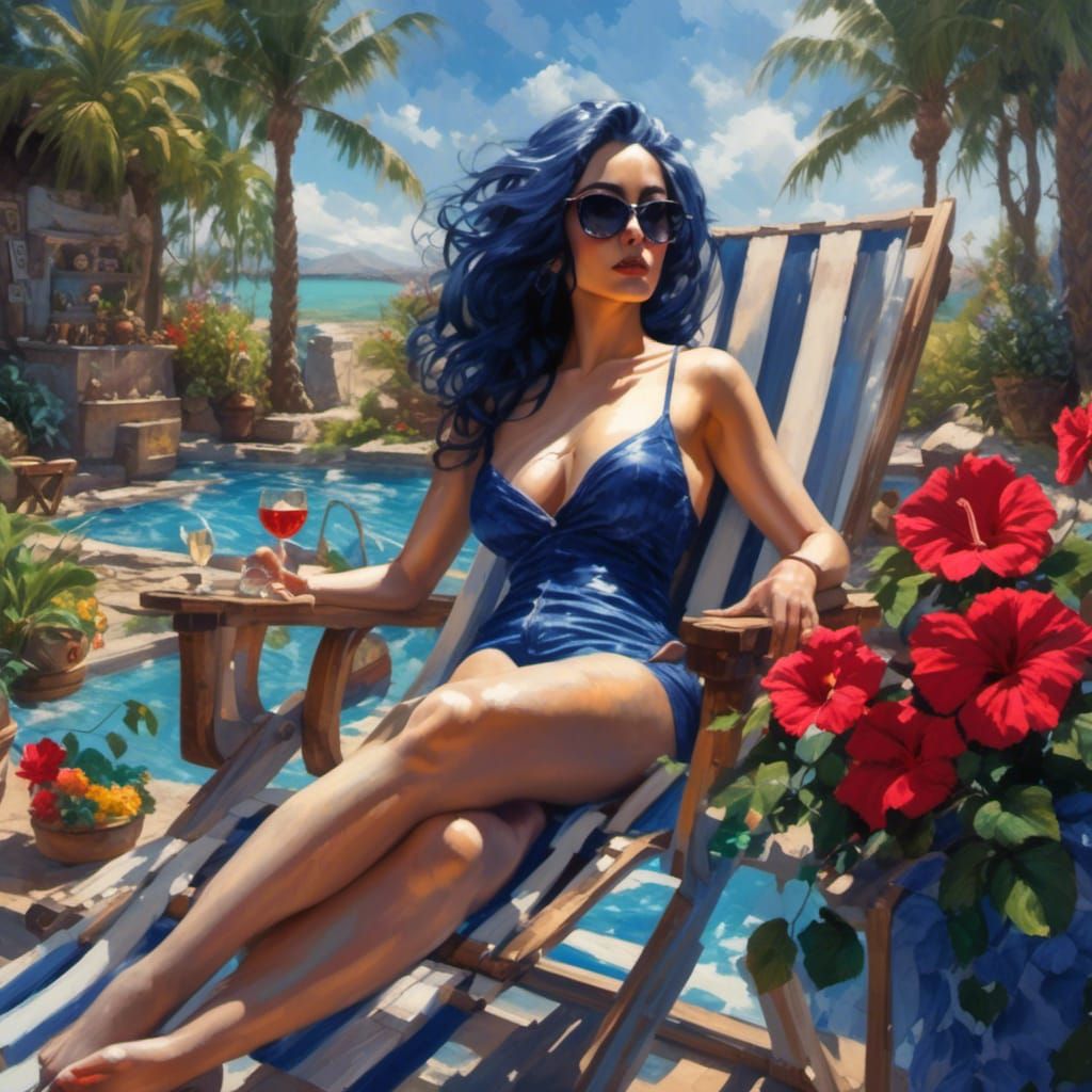 Beautiful woman besides swimming pool.